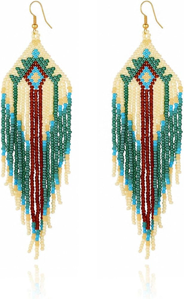 Amazon.com: ALRNBY Long Beaded Earrings for Women Native American Jewelry Statement Tassel Dangli... | Amazon (US)