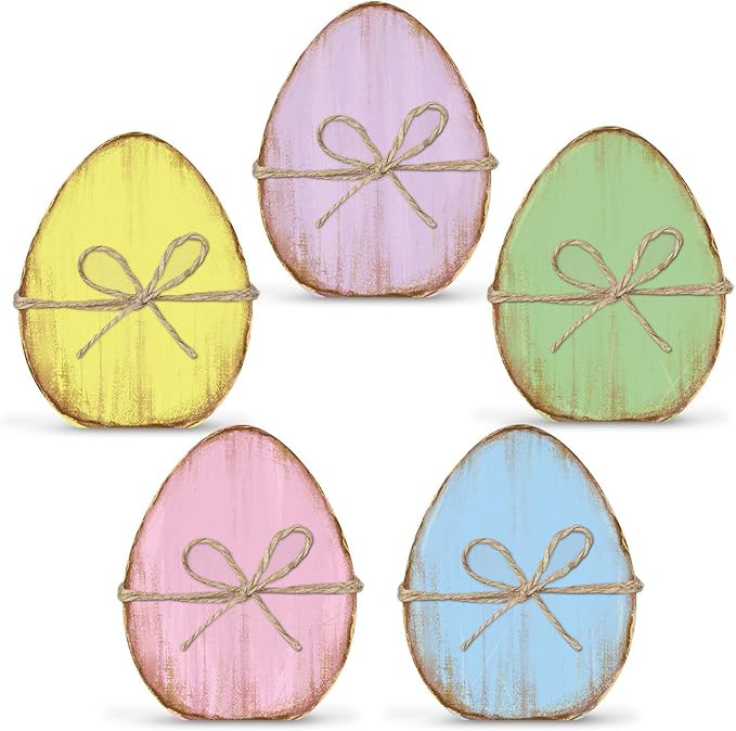 Whaline 5Pcs Retro Easter Egg Wooden Signs Colorful Egg Shape Rustic Farmhouse Tiered Tray Decor ... | Amazon (US)