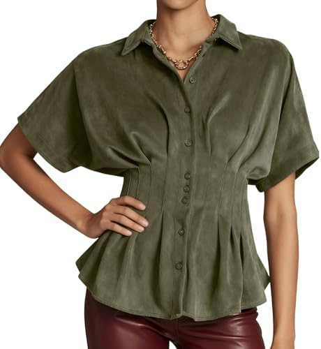Women's Casual Faux Suede Shirt Short Sleeves Blouse Button Down Peplum Tops | Amazon (US)