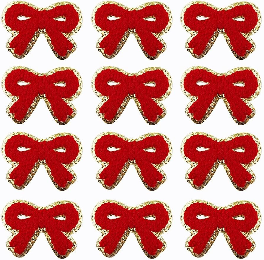 12 PCS Red Bow Patches Chenille Patches Iron On Gold Edges Embroidery Patche Cute Bow Applique fo... | Amazon (US)