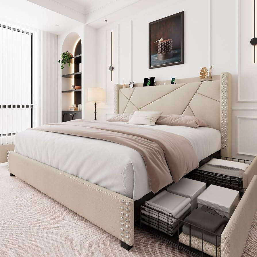 Feonase King Size Platform Bed Frame with 4 Storage Drawers, Upholstered Bed Frame with Charging ... | Amazon (US)