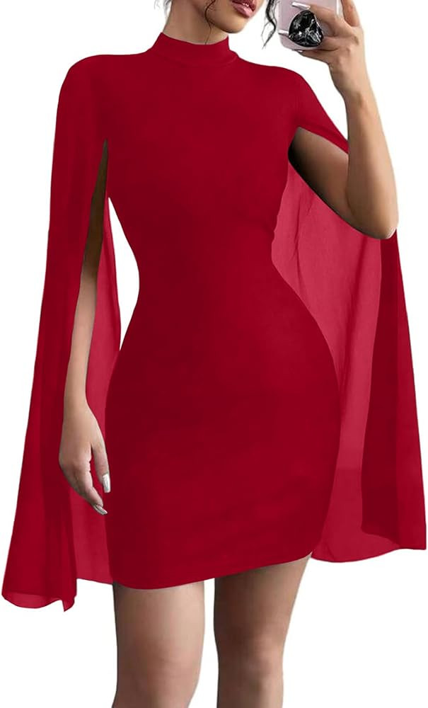 Women's Sexy Glitter Mini Dress Mock Neck Cloak Sleeve Cocktail Shimmering Elegant Dresses Weddin... | Amazon (US)