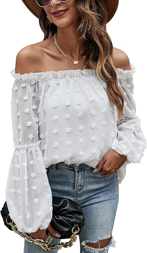 Blooming Jelly Women's Off The Shoulder Tops Chiffon Blouses Long Sleeve Shirts Flattering Pom Po... | Amazon (US)