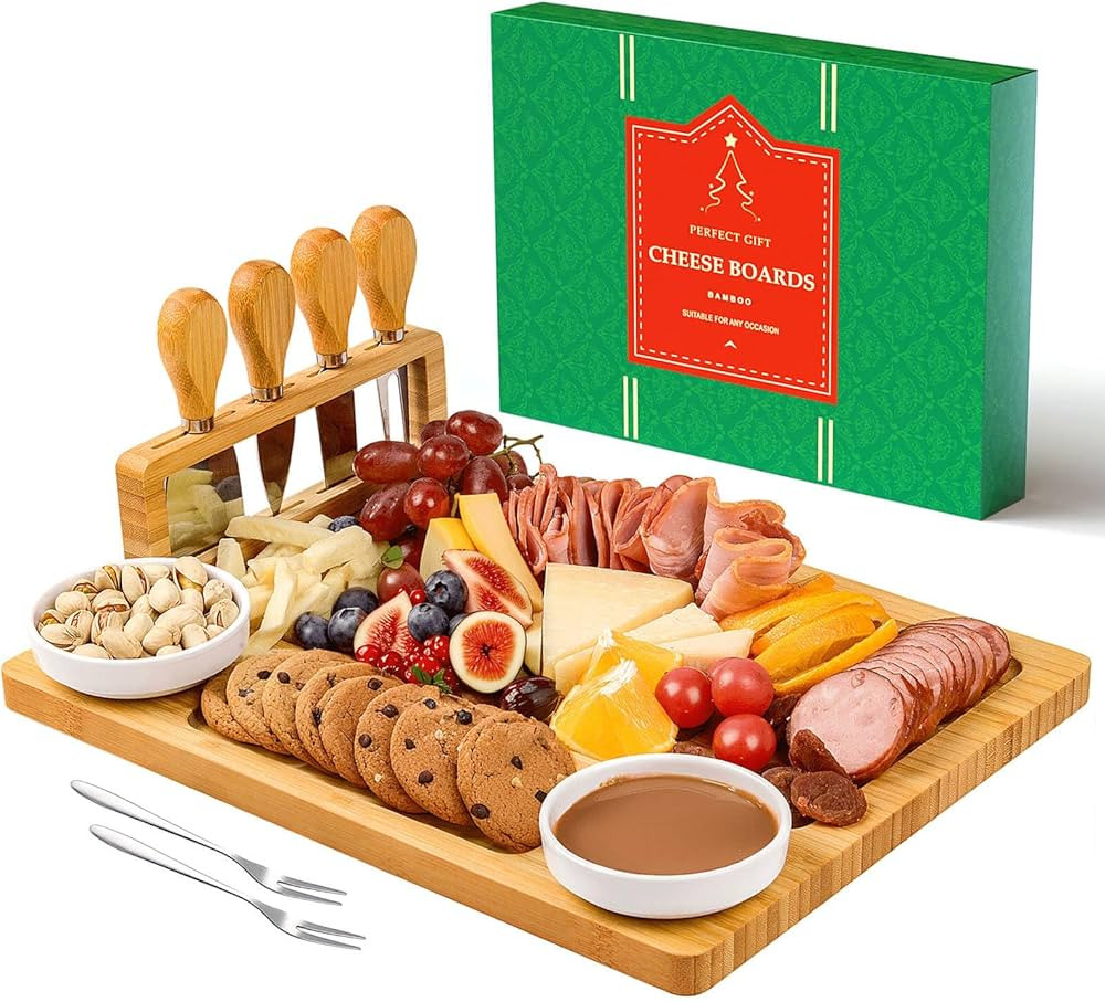 Charcuterie Boards Set Cheese Board - Large Bamboo Cheese Board and Knife Set, Cutting Board Plat... | Amazon (US)