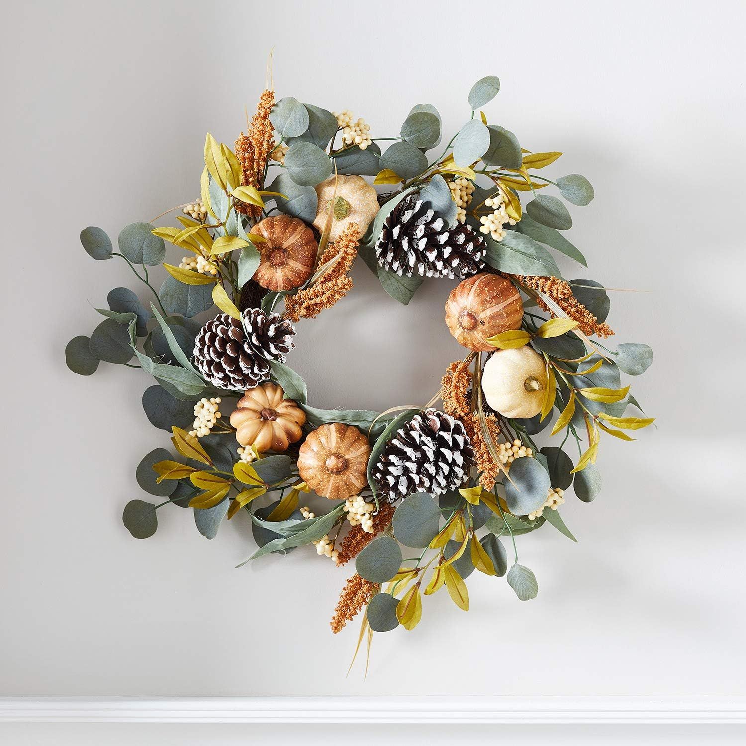 Lights4fun, Inc. 17.5” Thanksgiving Eucalyptus, Pumpkin & Pinecone Fall Wreath Decoration | Amazon (US)