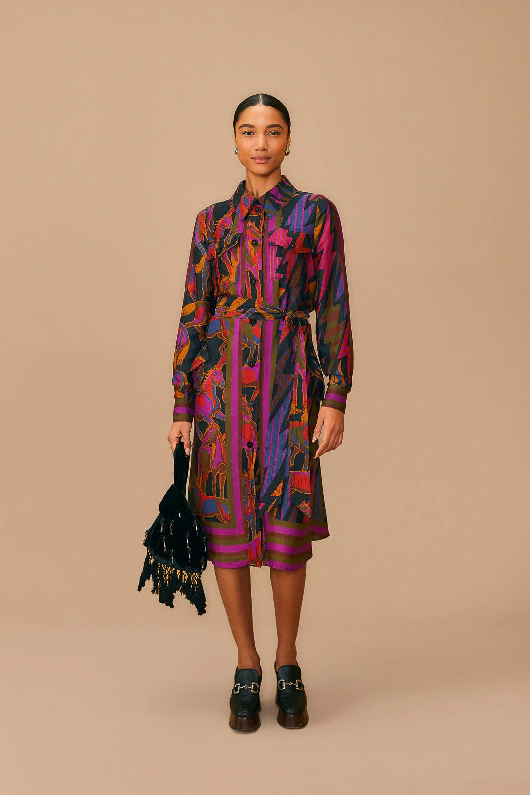 black mixed wild horses shirtdress | FarmRio (US)