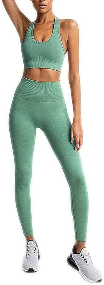 Women's Workout Outfit 2 Pieces Seamless Yoga Leggings with Sports Bra Gym Clothes Set | Amazon (US)