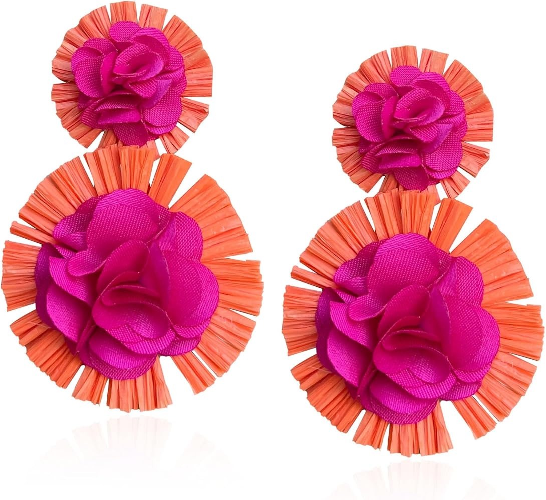 Raffia Flower Earrings Raffia Straw Wrapped Hot Pink Flower Drop Dangle Earrings Summer Tropical ... | Amazon (US)
