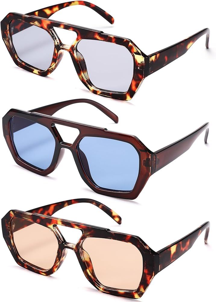Hycredi Retro Aviator Sunglasses for Women Men, Trendy Hexagonal Thick Frame Shades Square Double... | Amazon (US)