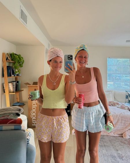 post-tanning comfy outfits! wearing our matching olivelynn tanks:) mine is in the color citrus and Hanna’s is light pink!

boxer shorts, tank top, lounge wear, summer outfit 

#LTKHome #LTKBeauty #LTKSeasonal