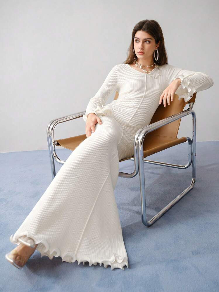 MOTF STUDIO RIBBED KNIT FLARE SLEEVE LETTUCE TRIM DRESS, OPEN WORK MAXI DRESS, LONG SLEEVES, LIGHT WEIGHT | SHEIN
