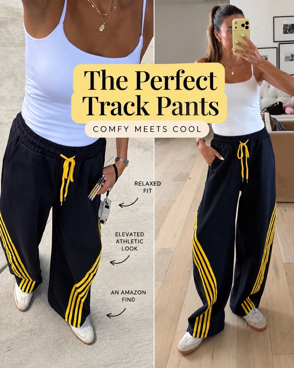 Obsessed with these navy and yellow track pants! Wearing on repeat this fall, wearing size small

#LTKootd #LTKSeasonal #LTKOver40