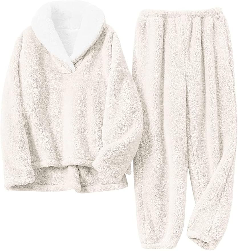 Fenclushy Women's Fluffy Loungewear Sleepwear Lounge Casual Pajamas Sets Loose Long Sleeve Fleece Pu | Amazon (US)