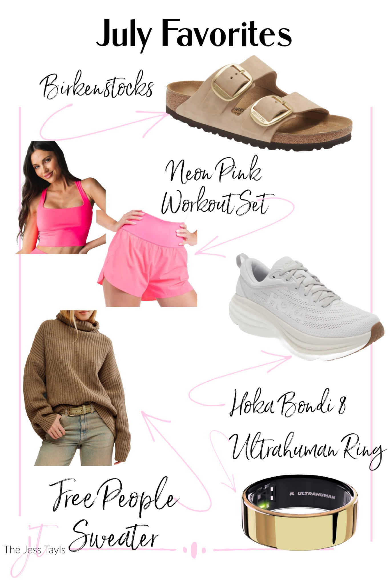 July favorites
Vitality neon pink workout set
Birkenstock arizona big buckle in sandcastle 
Hoka bondi 8 running shoes 
Free people swim too deep sweater 
Ultrahuman ring air smart ring 


#LTKxNSale #LTKFitness