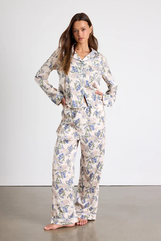 Galette Cream Multi Floral Satin Two-Piece Pajama Set | Lulus