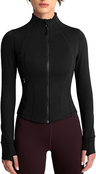 Running Jacket Women Full Zip up Long Sleeve BBL Workout Tops Jacket Womens Waisted Length with P... | Amazon (CA)