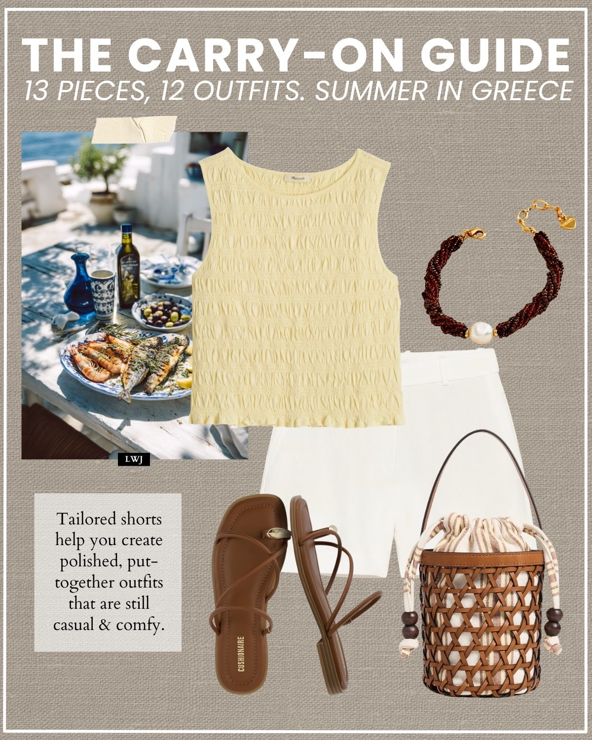 carry-on guide for a summer in greece 

Amazon cushionaire flip flops run half a size big 

greece / summer vacation / myokonos / santorini / island hopping / summer outfit / yellow summer top / aritzia tailored linen shorts / cushionaire strappy sandals / woven bucket tote / beaded bracelet

#LTKootd #LTKTravel