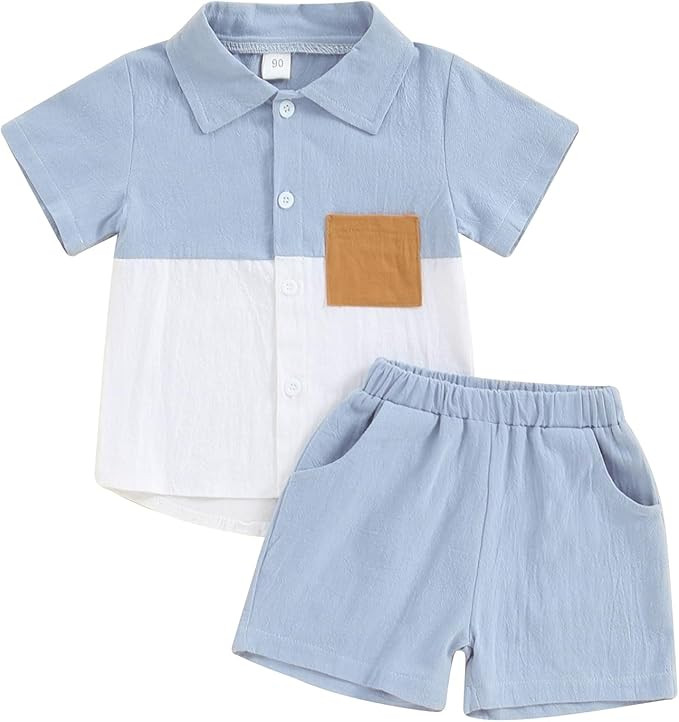 fhutpw Toddler Boy Patchwork Summer Outfits Short Sleeve Button Down Shirt Tops & Casual Shorts S... | Amazon (US)