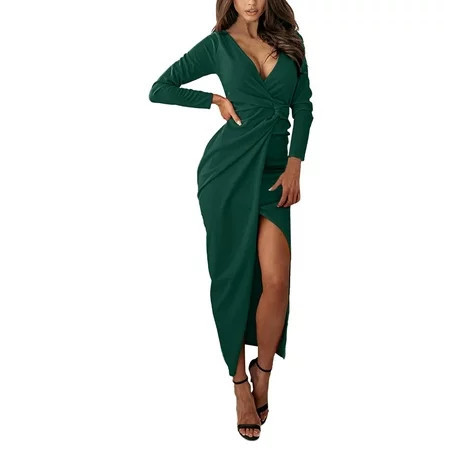 RYKJLWY Sundresses Women Dresses V Neck Sexy Long Sleeves Party High Slit Long Dress Womens Spring Dresses (Green XXL) | Walmart (US)