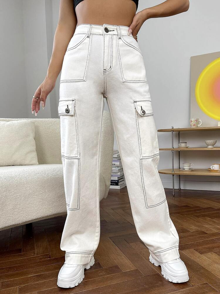 High Waist Flap Pocket Contrast Stitch Cargo Jeans | SHEIN