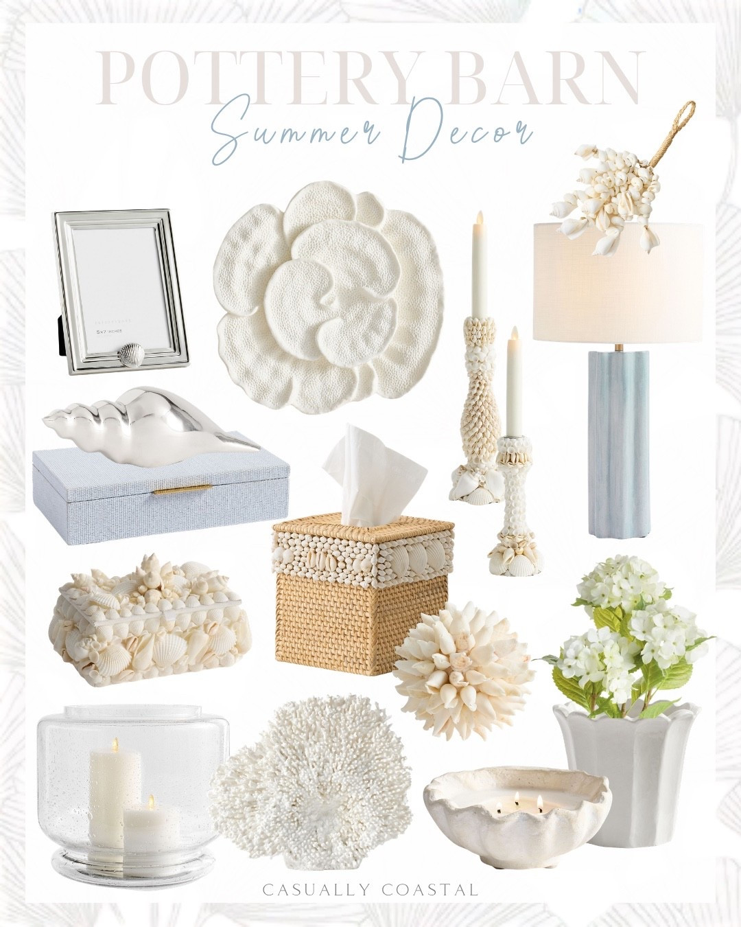 Pottery Barn Summer Decor

Coastal home decor, beach house decor, coastal lmao, coastal picture frame, coastal vase, coastal decor, summer home, ribbed ceramic table lamp, silver shell object, shell jewelry box, shell candle holder, decorative shell ball, shell bath accessories, silver shell icon frames, fluted tulip cachepot, coral resin wall art, coastal wall art, coastal jewelry box, hurricane candle holder, white shell rope, faux coral, shells, starfish vase filler, oversized sea glass garland, shell row of hooks, crushed shell vase filler, shell marble tic tac toe

#LTKHome #LTKSeasonal