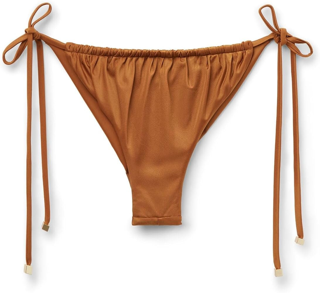 CALZEDONIA Shiny Satin Brazilian String Bikini Bottoms Caramel Bikini Burnt Orange Bikini Set Sets | Amazon (US)