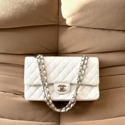 Chanel Medium Classic Double Flap Bag in Quilted White Caviar Leather | eBay UK