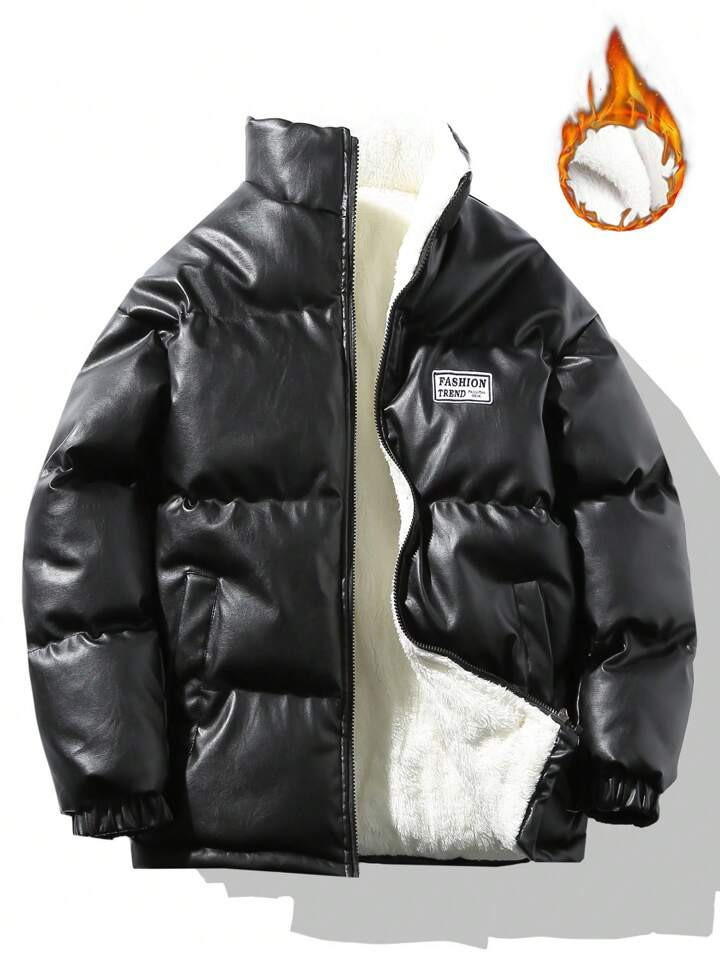 Manfinity Hypemode Men's Letter Patched Zipper Closure Pu Leather Oversized Puffer Coat (No Shirt... | SHEIN