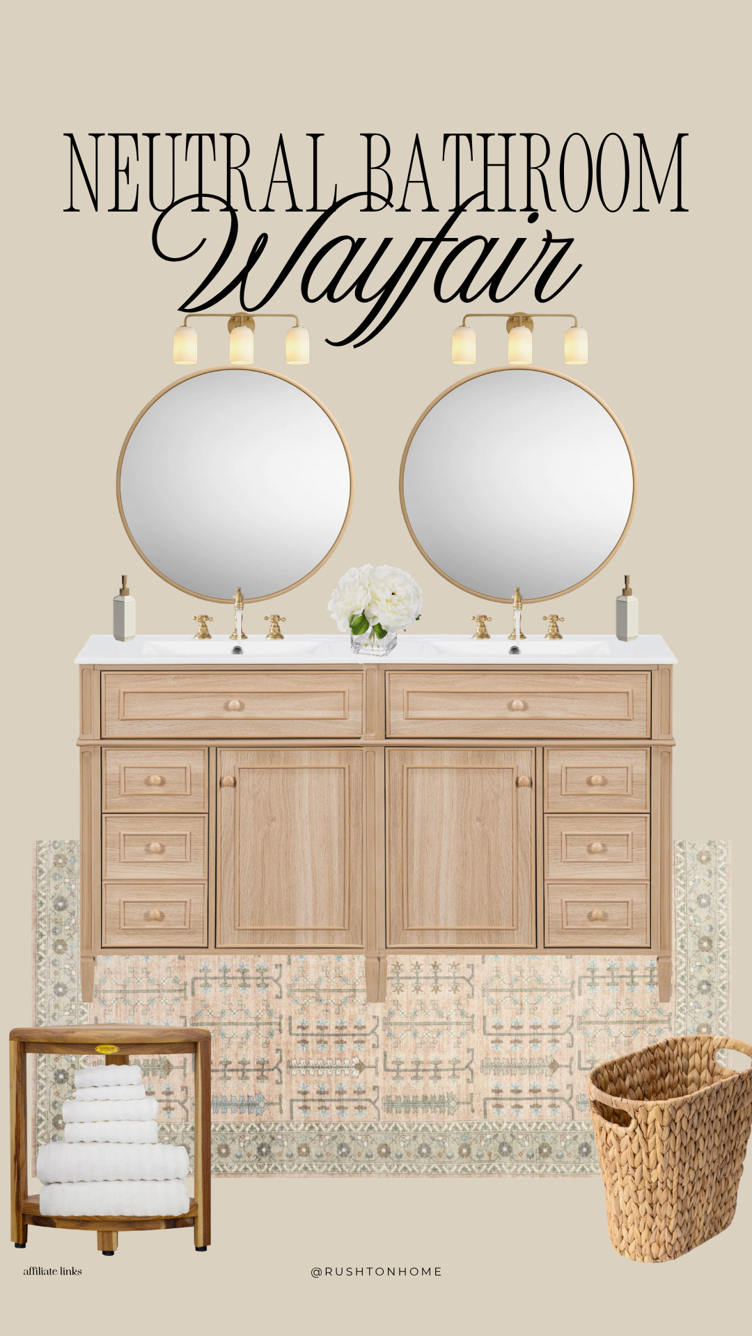 Neutral bathroom decor, wayfair bathroom vanity, double sink vanity ideas, neutral bathroom design, modern organic bathroom, light wood vanity bathroom, gold bathroom fixtures, round mirror bathroom vanity, bathroom lighting ideas, bathroom rug neutral, woven laundry basket bathroom, bathroom styling ideas, spa bathroom aesthetic, warm neutral home decor, bathroom refresh ideas 

 #LTKHome
