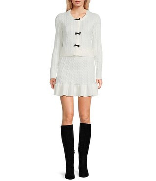 Bow Trimmed Long Sleeve Cardigan & Coordinating Flounce Hem Skirt Set | Dillard's
