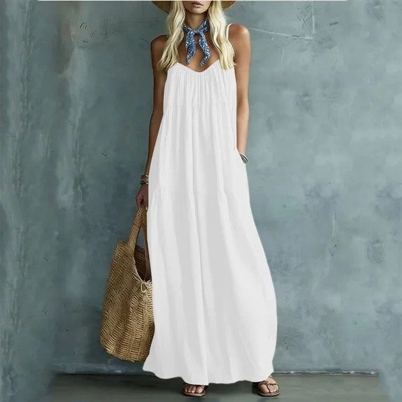 Jovrlynd Cotton Linen Dresses for Women 2026 Summer V Neck Tiered Pockets Spaghetti Maxi Dress Bo... | Walmart (US)