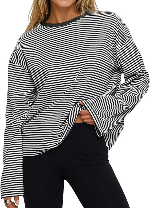 Womens Oversized Striped Long Sleeve Shirts Crew Neck Cotton Tops | Amazon (US)