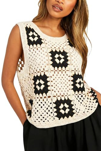 Allimy Womens Summer Loose Fashion 2026 Crochet Cover Up Top Checkered Crewneck Crochet Pointelle Knit Tanks Tops Sleeveless Tanks Vest Top Apricot Black S | Amazon (US)