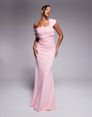 Goddiva One shoulder scuba crepe evening maxi dress in blushpink | ASOS | ASOS (Global)