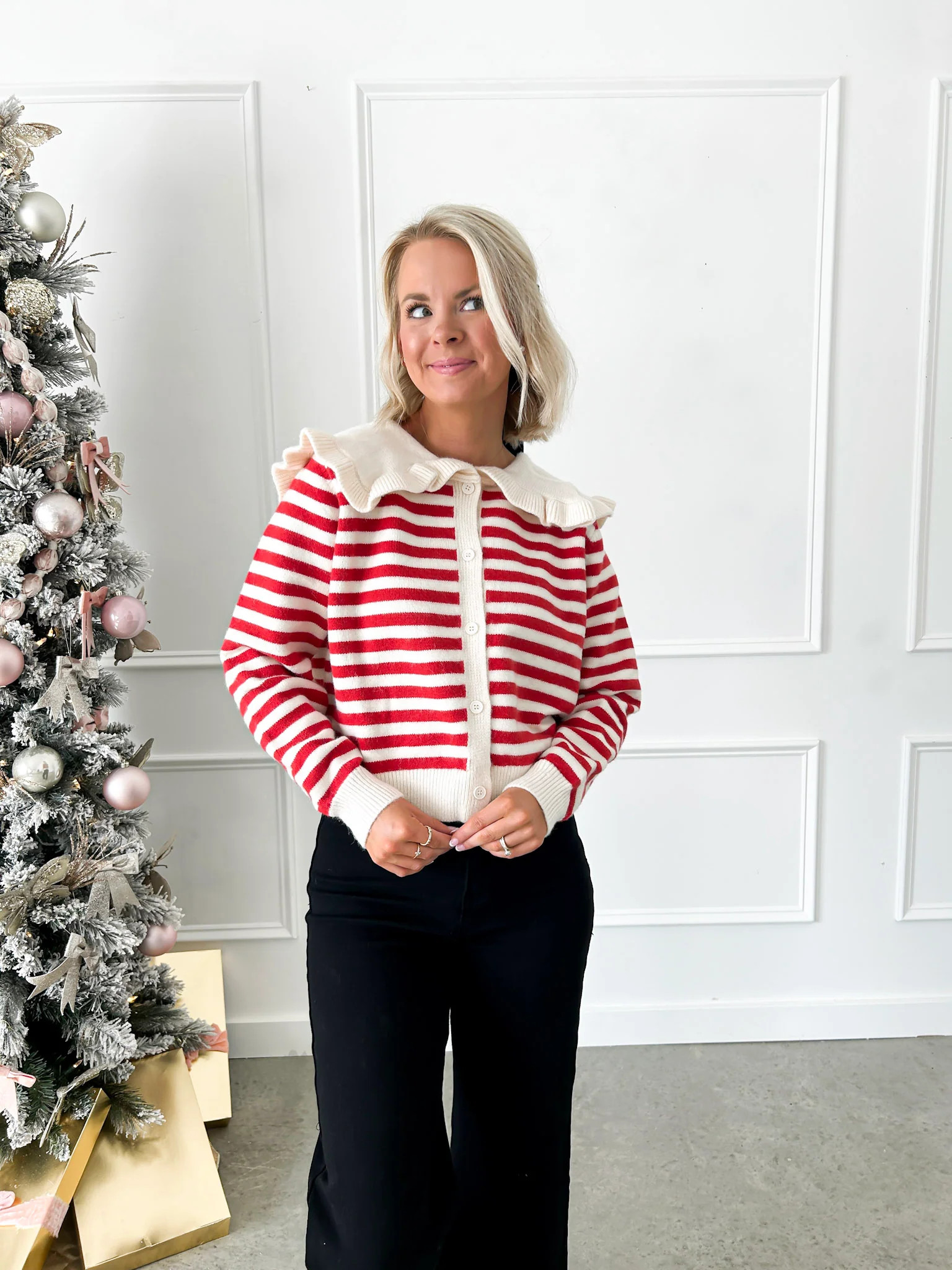 Cranberry Crush Red Striped Cardigan | Flourish in Frills