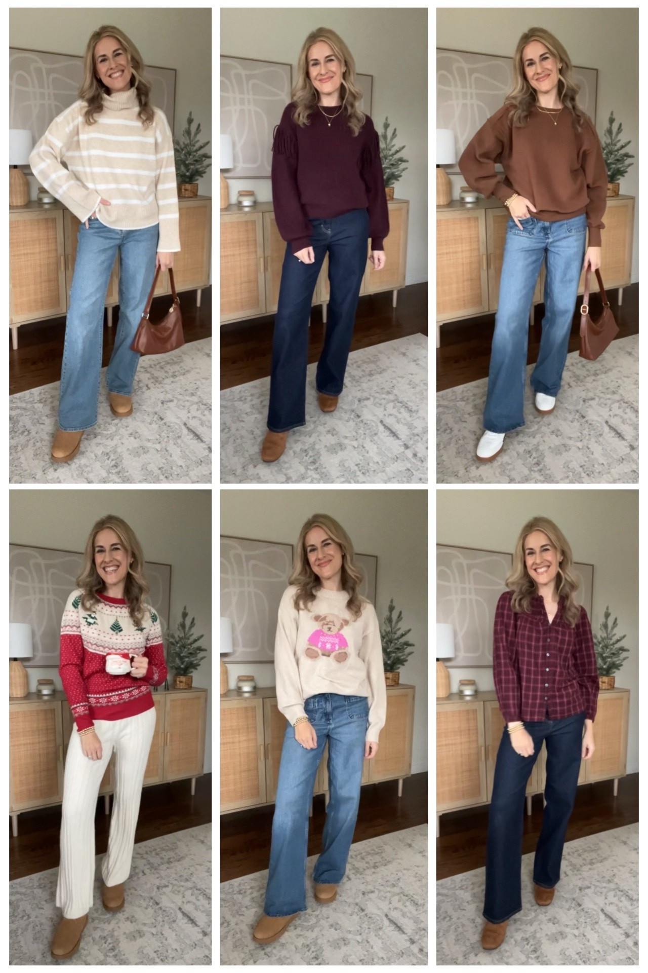 Walmart fall winter outfit ideas! Cozy sweaters and comfy wide leg jeans. I sized up one to a medium in the turtleneck, the fringe sweater, the teddy bear sweater and the reverse fleece sweatshirt. I stayed true to size small in the plaid cotton shirt and the Christmas sweater. True size small in the jeans and medium in the cableknit pants. #walmartfashion #walmartfinds 

#LTKFindsUnder50 #LTKHoliday #LTKOver40