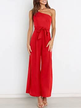 Caracilia Women's Summer Dressy One Shoulder Strap Tie Waist Zipper Back Wide Leg Jumpsuit Romper... | Amazon (US)