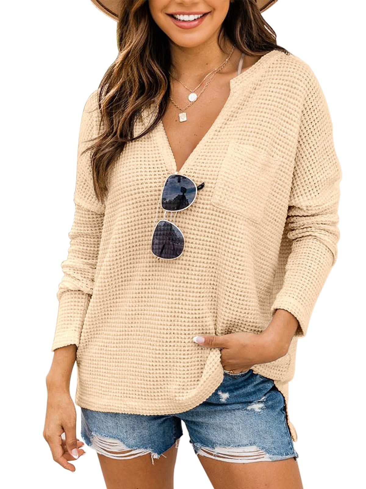 PINKMSTYLE Womens Long Sleeve Waffle Knit V Neck Oversized Pullover Sweater Off Shoulder Shirts | Amazon (US)