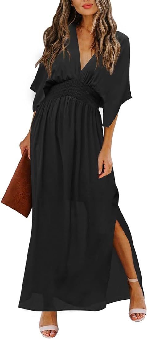 Women Summer Casual Dress Flowy Boho Short Sleeve Maxi Dress Prom Party Gown A-Line Chiffon Long ... | Amazon (US)