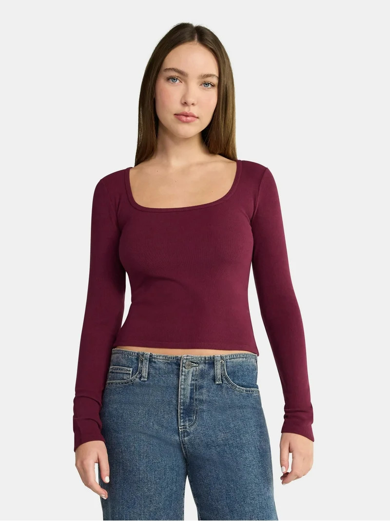 No Boundaries Square Neck Tee with Long Sleeves, Women's | Walmart (US)