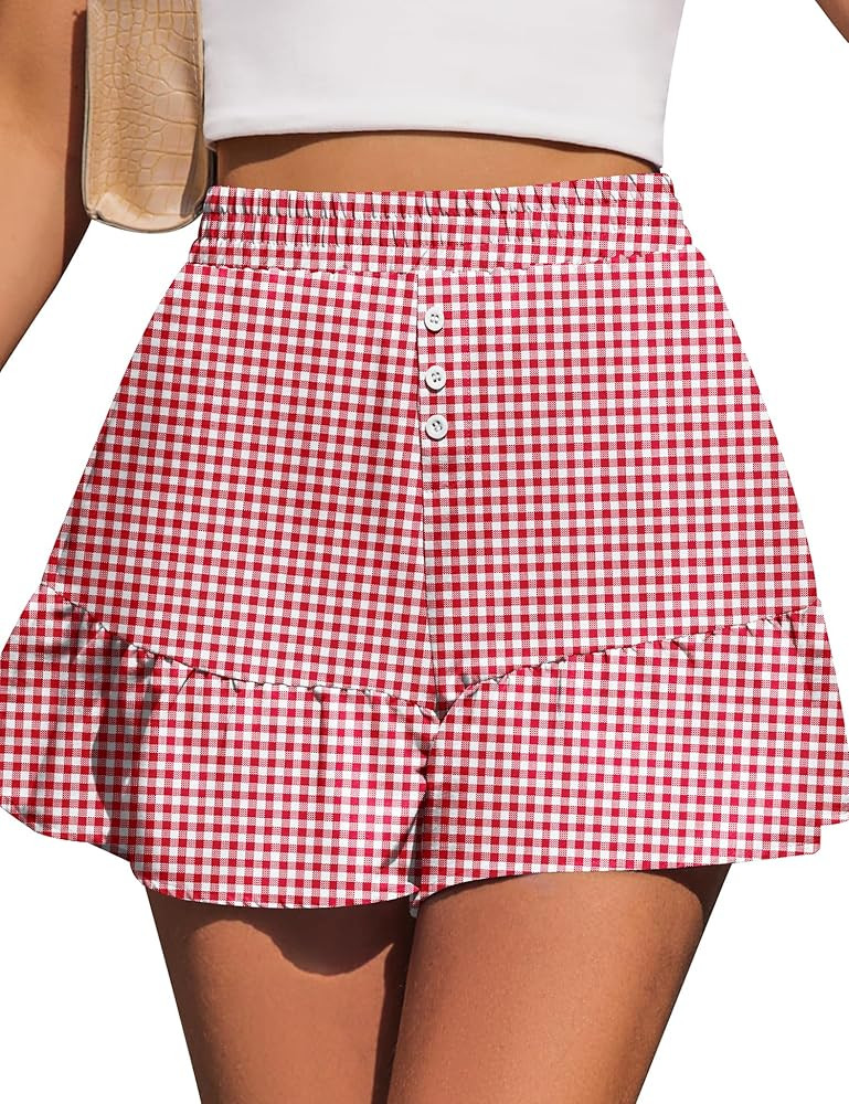 Kistore Womens Shorts Summer Casual Ruffle Y2K Trendy Button High Waisted Skorts Mini Comfy Plaid... | Amazon (US)
