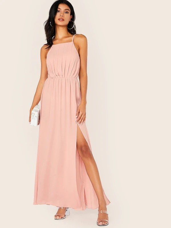 SHEIN Split Thigh Pleated Detail Maxi Slip Dress | SHEIN
