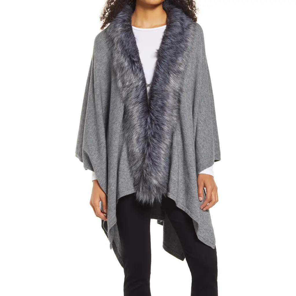La Fiorentina Ruana with Faux Fur Trim in Grey at Nordstrom | Nordstrom