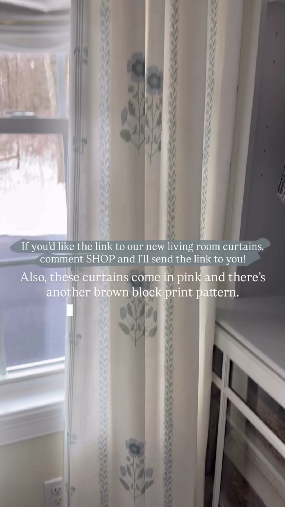 If you’d like the link to our new living room curtains, comment SHOP and I’ll send the link to you! Also, these curtains come in pink and there’s another brown block print pattern.