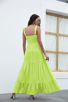 kinstell Women's Summer Boho Spaghetti Strap Square Neck Ruffle Casual Flowy Long Dress Beach Swi... | Amazon (US)