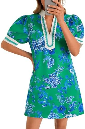 Wenrine Womens Summer Mini Dress Casual Floral Puff Sleeve V Neck Color Block Loose Boho Beach Dr... | Amazon (US)