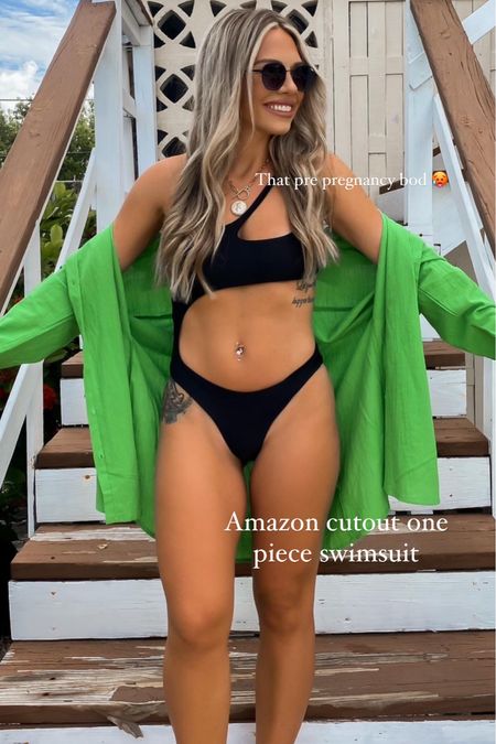 Amazon black one piece, swimsuit and green button up cover-up top

#LTKStyleTip #LTKSwim #LTKFindsUnder50
