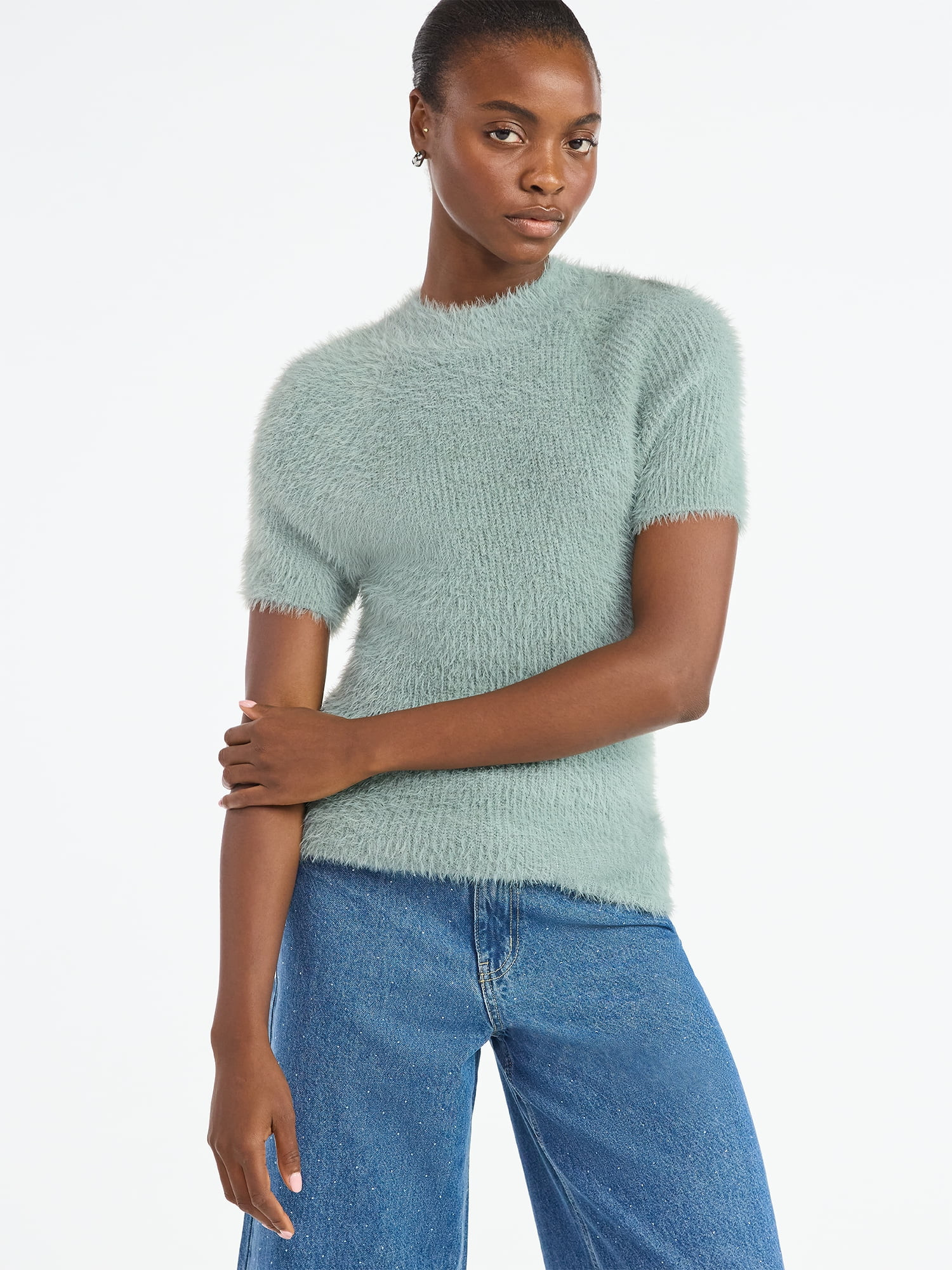 Scoop Women’s Fuzzy Sweater Top with Short Sleeves, Lightweight, Sizes XS-XXL | Walmart (US)