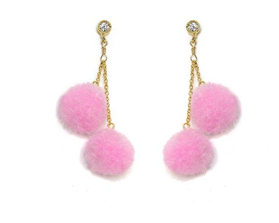 Pink Pom Pom Earrings. Valentine Gift. Tiny Crystal Studs. Post Earrings. Gold or Silver. Baby Pink, | Etsy (US)