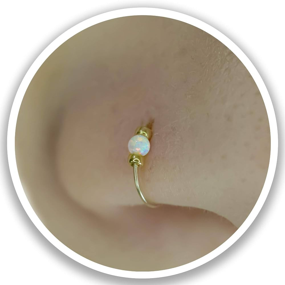 Thin 14k Gold Filled Tiny Nose Ring Hoop - 2 mm White Opal piercing Nose Hoop - 24 gauge very Thi... | Amazon (US)